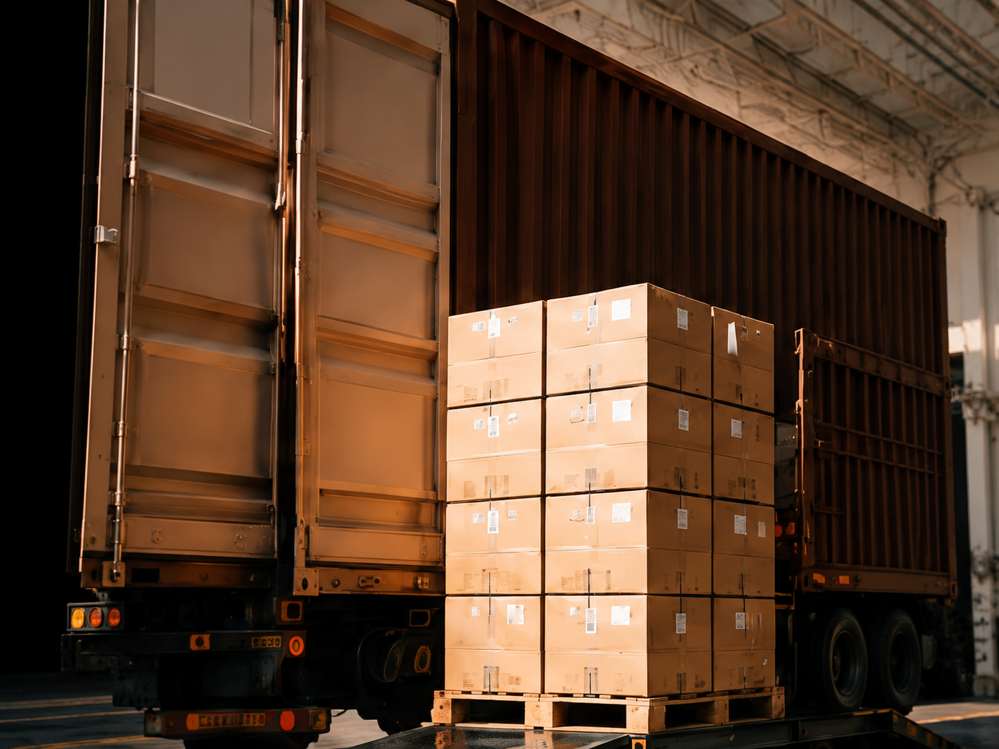 Cardboard boxes stacked on pallets at a shipping container loading dock