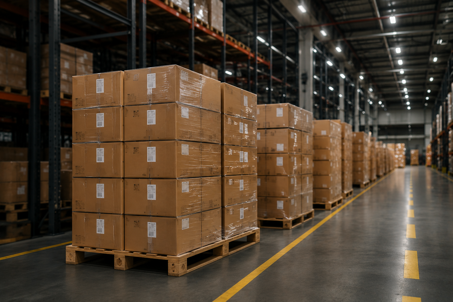 Warehouse interior with stacked pallets